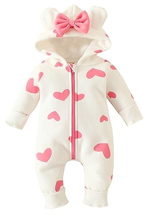 Carolilly Baby Girls Winter Warm Infant Jumpsuit Bear Ear Snowsuit Newborn Hooded Romper Warm Coat Heart/Cow Pattern Long Sleeve Zipper Romper (Pink White Heart, 3-6 Months)