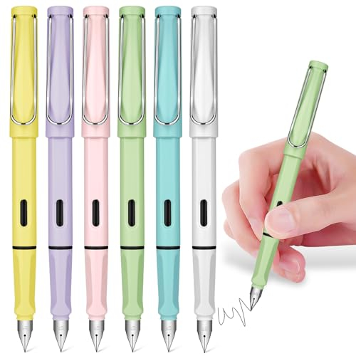 AUAUY 6 Stück Füllfederhalter, Nachfüllbar Füllfederhalter, Tinten-Füller mit Ergonomischem Griffstück, 0.38mm Extra Feine Spitze, Bestes Geschenk für Lehrer, Schüler, Kinder und Freunde