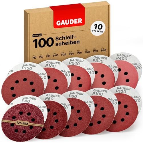 GAUDER Schleifscheiben-Set für Exzenterschleifer Ø 125mm - Schleifpapier Klett - 8 Loch Schleifblätter rund - Schleifpads (100 Stück - 1 x 40/60/80/100/120/150/180/240/320/400 Körnung)
