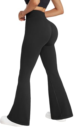 OMKAGI Seamless Flared Leggings Damen High Waist Flare Yoga Trousers, Bootcut Yogahose Damen, Scrunch Butt Leggings Push Up Long Sports Running Trousers(L,Schwarz)