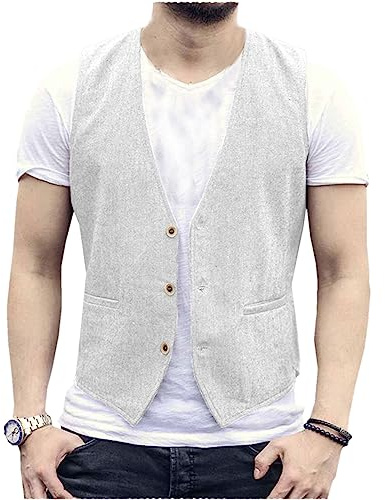 AeoTeokey Gilet d'été en lin pour homme Gilet de costume Gilet décontracté Coupe regular, Blanc., 4XL