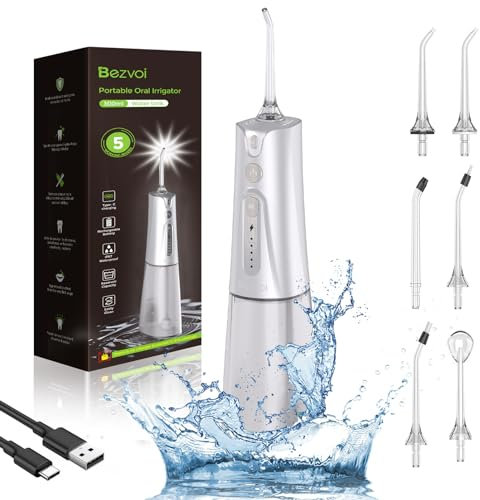 Irrigador bucal inalámbrico para limpieza de dientes con indicador LED, 5 modos, ducha de dientes con depósito de agua de 300 ml y 6 boquillas, IPX7, resistente al agua, irrigador oral, ganador de la
