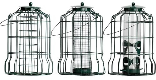 Squirrel Resistant Bird Feeders For Seeds Fatballs Suets and Peanuts Green made from Metal can be hung from trees and feed stations in the garden - 3 pack by Jamieson Brothers