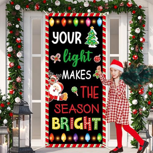 Wiooffen Weihnachten Klassenzimmer Türabdeckung Dekoration Winter Weihnachten Glühbirne Süßigkeiten Tür Banner Xmas Trees Santa Hanging Veranda Hintergrund für Winter Urlaub Schule Haustür Innen Wand