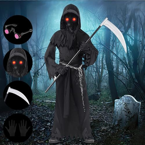 PRZRAO Costume de Faucheuse avec Faucille Costume d'Halloween de Faucheuse pour Enfants avec Lunettes Lumineuses Convient aux Costumes d'Halloween de 12 à 16 Ans pour Cosplay Fête d'Halloween
