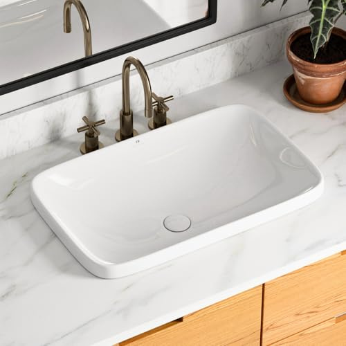 24W x 15D Drop In Bathroom Sink, Los Flexi Rectangular Semi Recessed Bathroom Sink with Pop-Up Drain, White Ceramic Above Counter Basin without Overflow, Large Vessel Sinks for Countertops