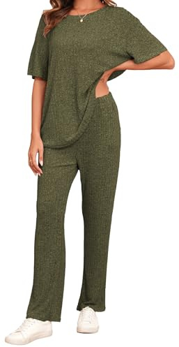 Famulily Ribbed Clothes Sets for Women Oversized Short Sleeve Tops and Wide Leg Trousers with Pockets, 2 Piece Outfits Tracksuits Loungewear Sleepwear