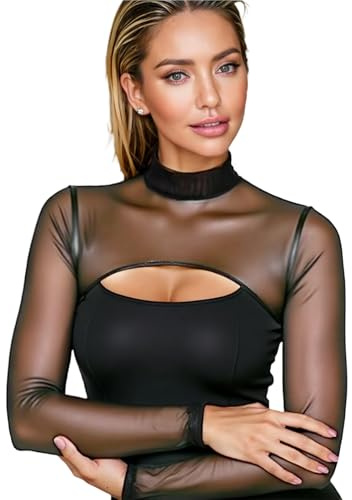 GWAWG Schwarz Mesh Sheer Top Top da donna in maglia corta per nuoto, spiaggia e sport