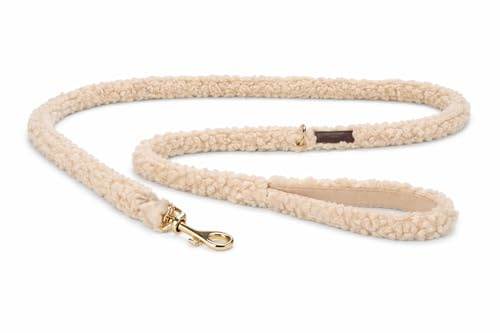 Laisse Chien - Pookie Beige – 130cm L x 2cm l x 0,5cm H – Polaire/Fleece – Mousqueton + Anneau Or Brillant – Doux et Confortable