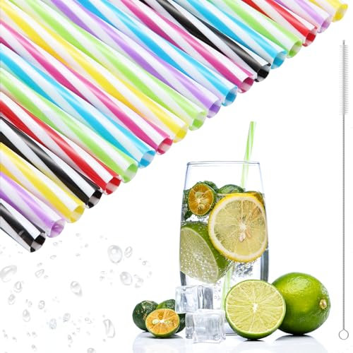 XULIERUX 50 Pailles Réutilisables, Pailles Plastique Avec Brosse De Nettoyage, Pailles Épaisses Pour Frappés Jus Cocktails Boissons Chaudes (Diamètre 0,28 Pouces, Longueur 9,06 Pouces)