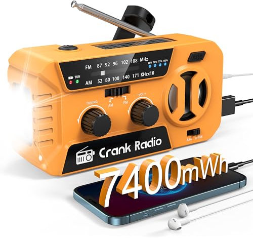 Wind Up Radio UK Emergency Radio 7400mWh (2000mAh) Hand Crank Radio with Battery Operated/USB/solar charger, 3 LED Flashlight & SOS Alarm, wind up torch for Hurricane emergency survival kit