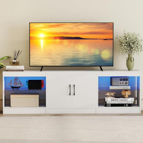 COSTWAY 3-i-1 TV-Skåp, TV-Bord för TV Upp Till 85 Tum, 195 cm Lång Lågbräda Med LED-Belysning och Justerbara Glashyllor för Vardagsrum, Sovrum och Matsal, Vit