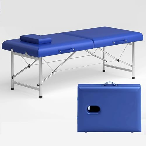 Mesa de masaje portátil de 2 pliegues con esponja de alta resistencia y marco de acero inoxidable, piel sintética con almohada para tratamientos de belleza y tatuajes