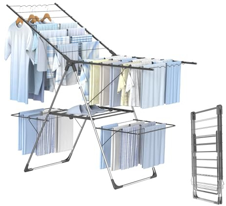 Innotic Étendoir Linge Intérieur Extérieur, Séchoir à Linge Pliable à 2 Niveaux, 4 Ailes Réglables en Hauteur, Tancarville Linge XXL, 33 Barres, Gris