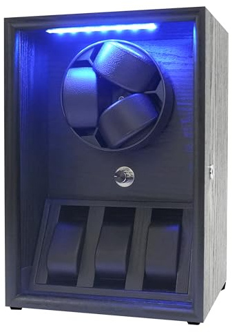 Oryx 3 - Caja de reloj giratoria para relojes automáticos, 5 modos de rotación, caja de exhibición con almacenamiento adicional de relojes y luz LED, bobinadores con cerradura alimentado por USB