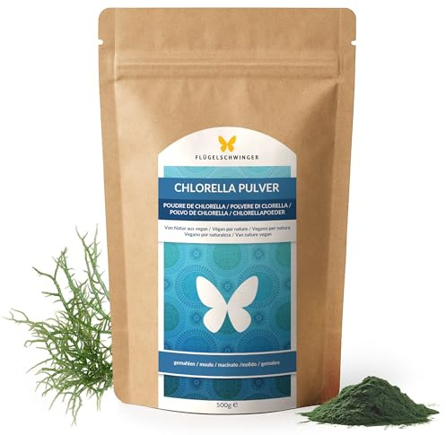500 g de poudre de chlorelle, 100% naturelle, contrôlée pour les résidus, sans additifs, parois cellulaires rompues, transformation douce à basse température