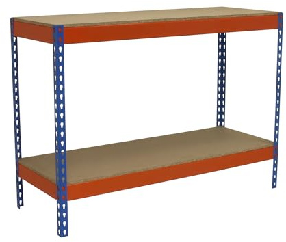 Simon Rack Banco de Trabajo Taller, Mesa de Trabajo Taller, Carga Máxima 400 kg, 900x1500x600 mm, Bricolaje, 2 Alturas, Azul/Naranja/Madera - BT-Basic