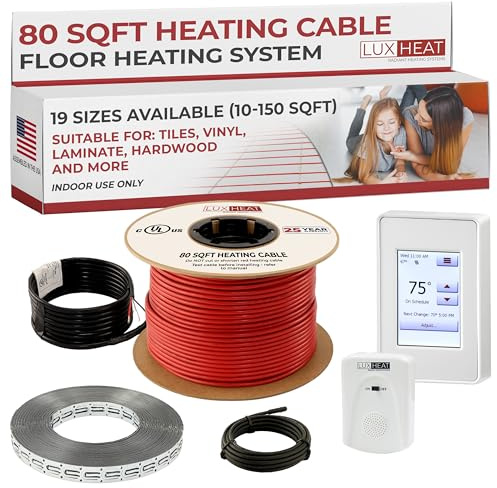 LuxHeat 80sqft Floor Heating Cable Kit - 120v Underfloor Heating System - Heated Flooring System Includes UDG4 Programmable Thermostat w/GFCI, Heated Floor Cable, Strapping, Sensor & Alarm