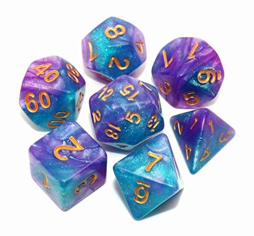 CREEBUY DND - Dados Poliédricos Azul y Morado con Purpurina para Dungeon and Dragons D&D, Juego de Rol y Mesa
