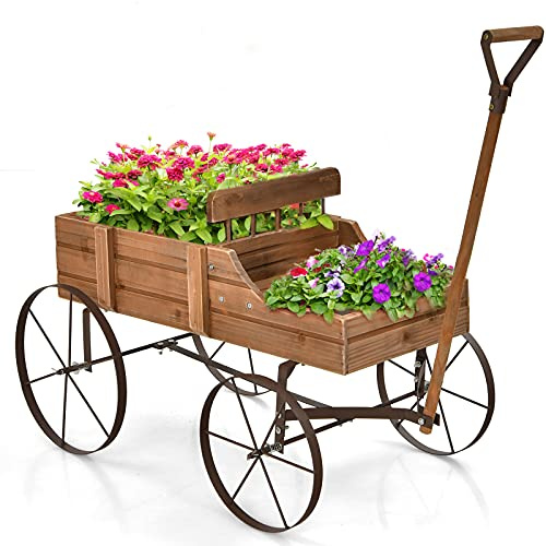 Giantex Decorative Garden Planter, Small Wagon Cart with Metal Wheels, Wood Raised Beds Plant Pot Stand for Backyard Garden Patio 24.5x13.5x24 (Natural)