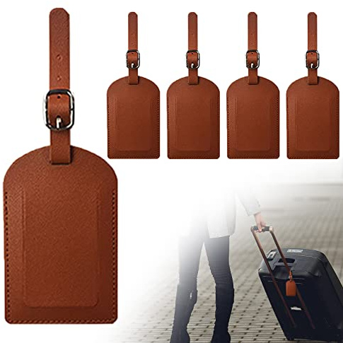 ZoeTekway Lot de 4 étiquettes de bagage en cuir synthétique avec porte-nom - Étiquettes d'adresse pour valise, voyage, entreprise (marron)