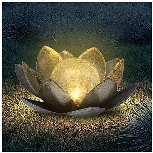 FLOWood Solarlampen für Außen Garten Lotus, Gartendeko für Draußen Lotusblten mit Crack Glas Kugel, Garten Geschenke für Frauen(Silber)