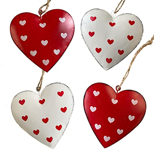 Metallherz 4-er Set - 2-Fach Sortiert weiß mit roten Herzen, rot mit weißen Herzen - Geschenkanhänger - Anhänger mit Juteschnur - Dekoration - Valentinstag - Hochzeit - Jahrestag - 51172-225