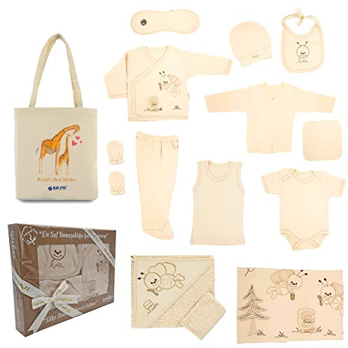 Blue Eyes nyfödd baby set 100 % naturlig bomull första utrustning utrustning utrustning unisex kläder presentset babyutrustning badhandduk med 14 delar för spädbarn 0–4 månader