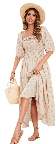 R.Vivimos Women's Square Neck Floral Slim Fit Half Sleeve Dresses Cottagecore Long Midi Dres(Large,Beige#1-Floral)