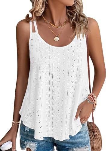 WNEEDU Canotte da Donna delle Signore Estate Maniche Camicie Casual Loose Fit Gilet Canotte per Le Donne Ricamo Occhielli Cami Canotta Bianco L