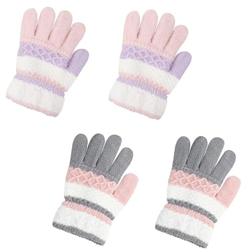 LinJunnz 2 Paires Gants en Tricot d'Hiver Extensibles pour Enfant, Gants Chaud Plein-doigts Gants d'hiver Adorable Gloves Ski Snowboard pour Enfant Fille Garçon 3-10 Ans
