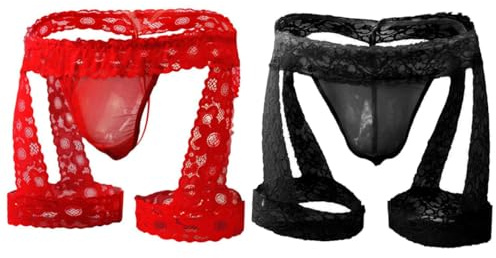 VemeFufu Pizzo Jockstrap Suspensorio per uomo Intimo Vita bassa Mutandine con Borsa Sexy Perizoma Masculino 2 Pack Nero Rosso, 2 confezioni ( nero + rosso), Taglia unica