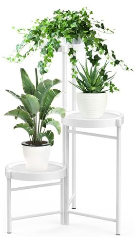 YENTAKE 3 Etagen Metall Pflanzenständer Blumentopfständer,Faltbar Mehrstöckig Pflanzenregal Blumenregal Pflanzentreppen für Zimmerecke, Wohnzimmer, Balkon, Terrasse, Hof (Weiß)