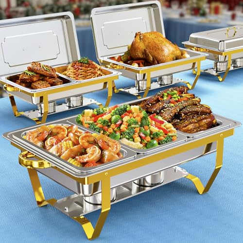 Chafing Dishes for Buffet 4 Pack 7 Pans, 9.5QT [Sturdy & Rolled Edge] Chafing Dish Buffet Set, [Mirror-Like Polished Finish] Easy to Clean Food Warmers for Parties, Gathering, Wedding, Event, Catering