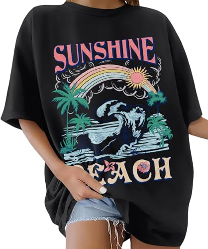 Lonya T-Shirt Oversize à col Rond pour Femme Tee Shirt à Manches Courtes Grande Taille Femme Sunshine Lettres Créatives Arc-en-Ciel Haut D'été Décontracté Coton Loose Streetwear Top, Noir, XXL
