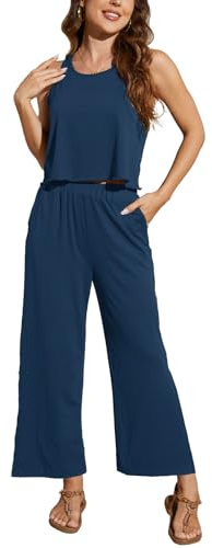 JFAN Conjuntos Chándal Mujer Verano Dos Piezas Casual Conjunto Deportivo Mujer de Camisetas sin Mangas con Cuello Redondo y Pantalones de Talle Alto,Azul marino,M