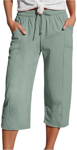 Yolimok Womens Cropped Trousers Elasticated High Waist Relax Fit Cotton Linen Ladies 3/4 Length Straight Wide Leg Trousers Casual Everyday Soft Lightweight Plain Three Quarter Pants Mint Green