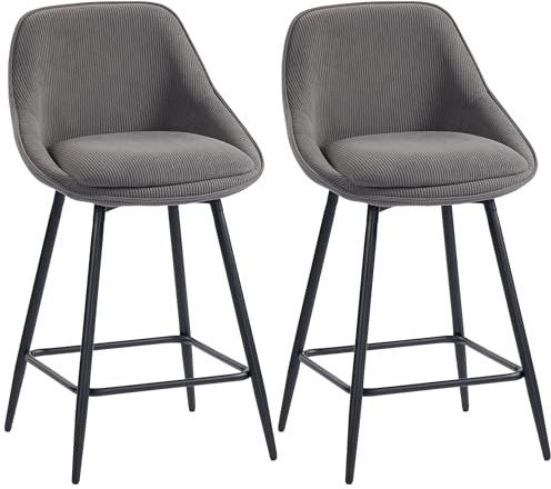 HOMCOM Barhocker 2er Set Tresenhocker Barstuhl mit Fußstütze, Rückenlehne, Kord-Optik, Sitzhöhe 65 cm Küchenstühle mit Stahlgestell Sessel für Küche, Esszimmer Grau