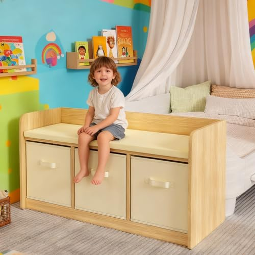 JOYCOPY Kids Reading Nook Bench with 3 Drawers and Seat Cushion - Large Capacity Toddler Reading Corner，Kids Storage Bench