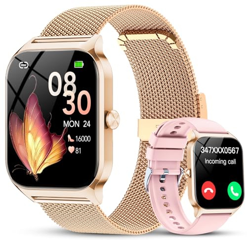 Reloj Inteligente Mujer Oro Rosa,1.85 HD Smartwatch Mujer con Llamadas Bluetooth,Smart Watch con Pulsómetro/Monitor de Sueño/Oxímetro/Podómetro,120+ Modos Deportivos, para iOS Android（Correas Dobles）
