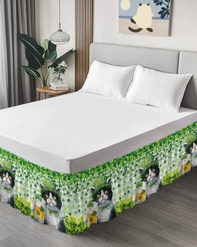 St. Patrick's Day Bed Skirt Cal King Size 16 Inch Drop, Adjustable & Elastic Wrap Around Bed Skirts Dust Ruffles for Twin Full Queen Cal King Base Bed, Cat Beer Green Clovers Buffalo Plaid