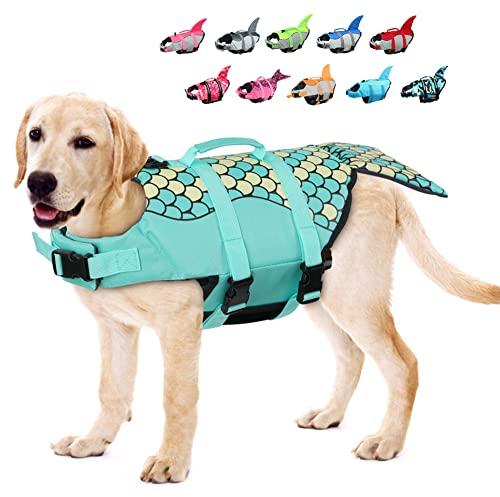 EMUST Large Dog Life Jacket, Dog Mermaid Life Vests for Swimming, Adjustable Dog Flotation Vest Swimsuits with Lift Handle for Small, Medium, Large Dogs, (XL, Green)
