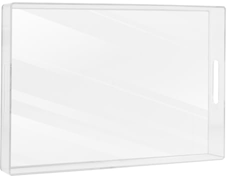 MAONAME Clear Serving Tray with Handles, Plastic Decorative Tray for Coffee Table, Rectangle Organizer Tray for Ottoman, Bathroom, Vanity, 15.7 Lx 10.2 W X 1.57 H