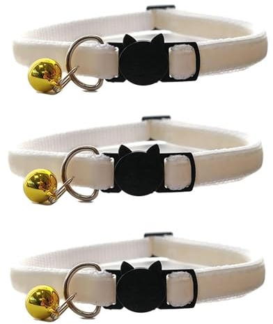 Velvet Cat Collars with Bell. Safe Breakaway Quick Release Buckle. Available in Cat & Kitten Size (Pack of 3) (Kitten Collar (15cm - 23cm), Cream Velvet (Pack of 3))