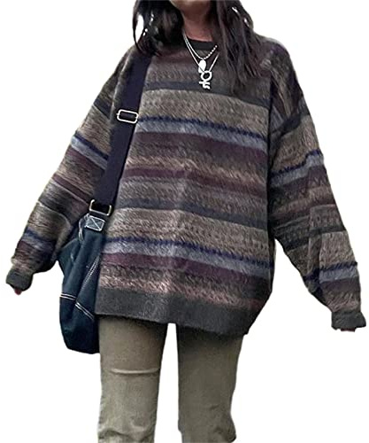 Women Y2K Argyle Striped Pullover Sweater Casual Long Sleeve Round Neck Vintage Preppy Style Pullover Knitwear(Gray-1,M)