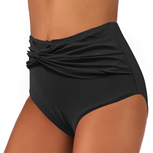 JFAN Braguitas de Bikini Mujer Cintura Alta Ruched Braga De Bikini Reductores Barriga Negro M