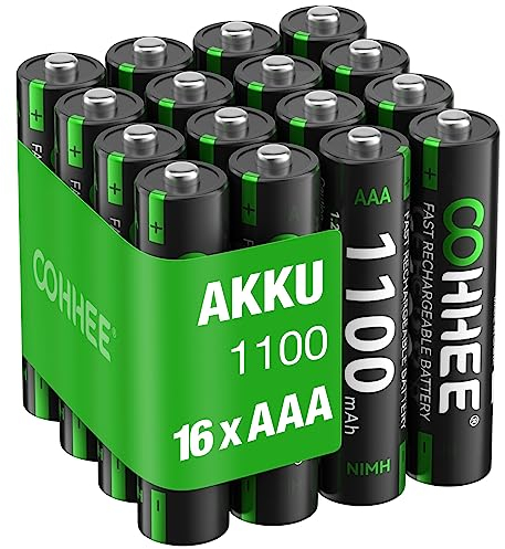 BATZONE 16 x AAA NI-MH Akkus, wiederaufladbare AAA Batterien, 1.2v Micro AAA Akku, 1100mAh hohe Kapazität, geringe Selbstentladung, mit Batterie Schutzbox