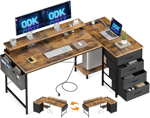 ODK Hörnskrivbord med 4 Tyglådor, 160x80cm, Brun | L-formigt Bord med 2 USB och 2 Eluttag, Monitorställ, Förvaringsväska för Hemmakontor