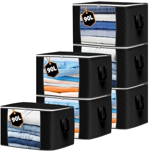 KURNI Storage Bags | Clothes Organizer Boxes, Foldable 6 Pack Black, 90L Capacity, 3 Sided Zipper Moving Large Bag. Dust & Moisture Proof