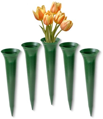 Grabvasen zum Stecken als frostsichere Grabdeko - Schmale Friedhofs-Vasen 5er in Grün als wetterfester Kunststoff Grabschmuck - Erdspieß Blumenvasen in 34 cm als schöne kleine Steckvasen